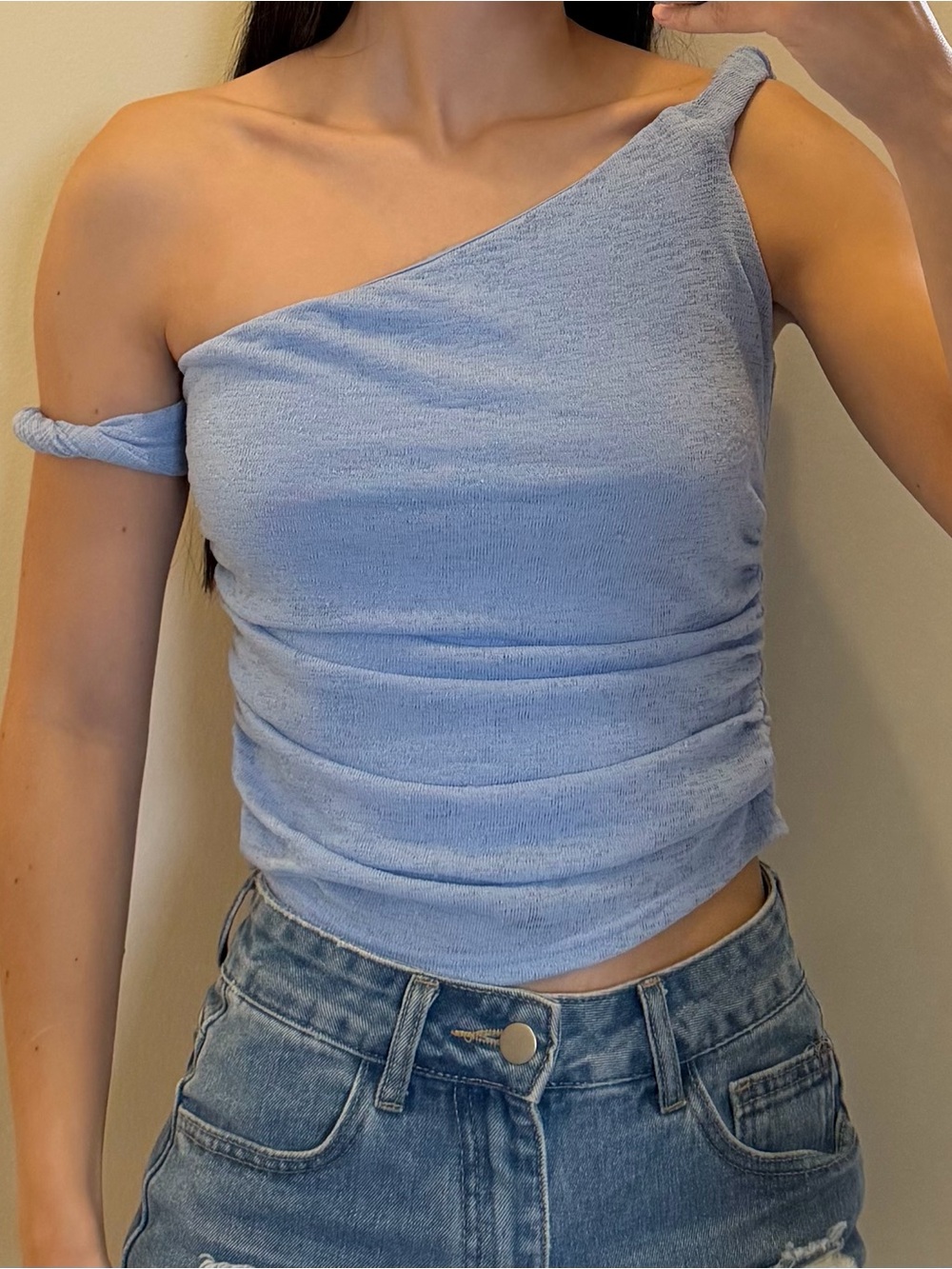 Princess Polly One-Shoulder Light Blue Ruched Tank Top - Women's